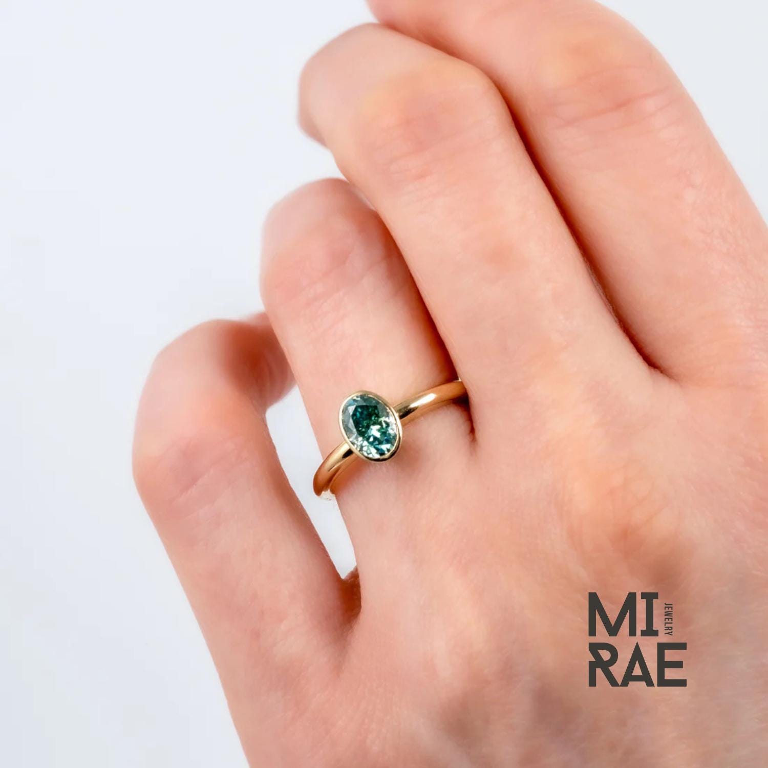 Teal Green Moissanite Ring Oval Cut 14K Yellow Gold Bezel Ring
