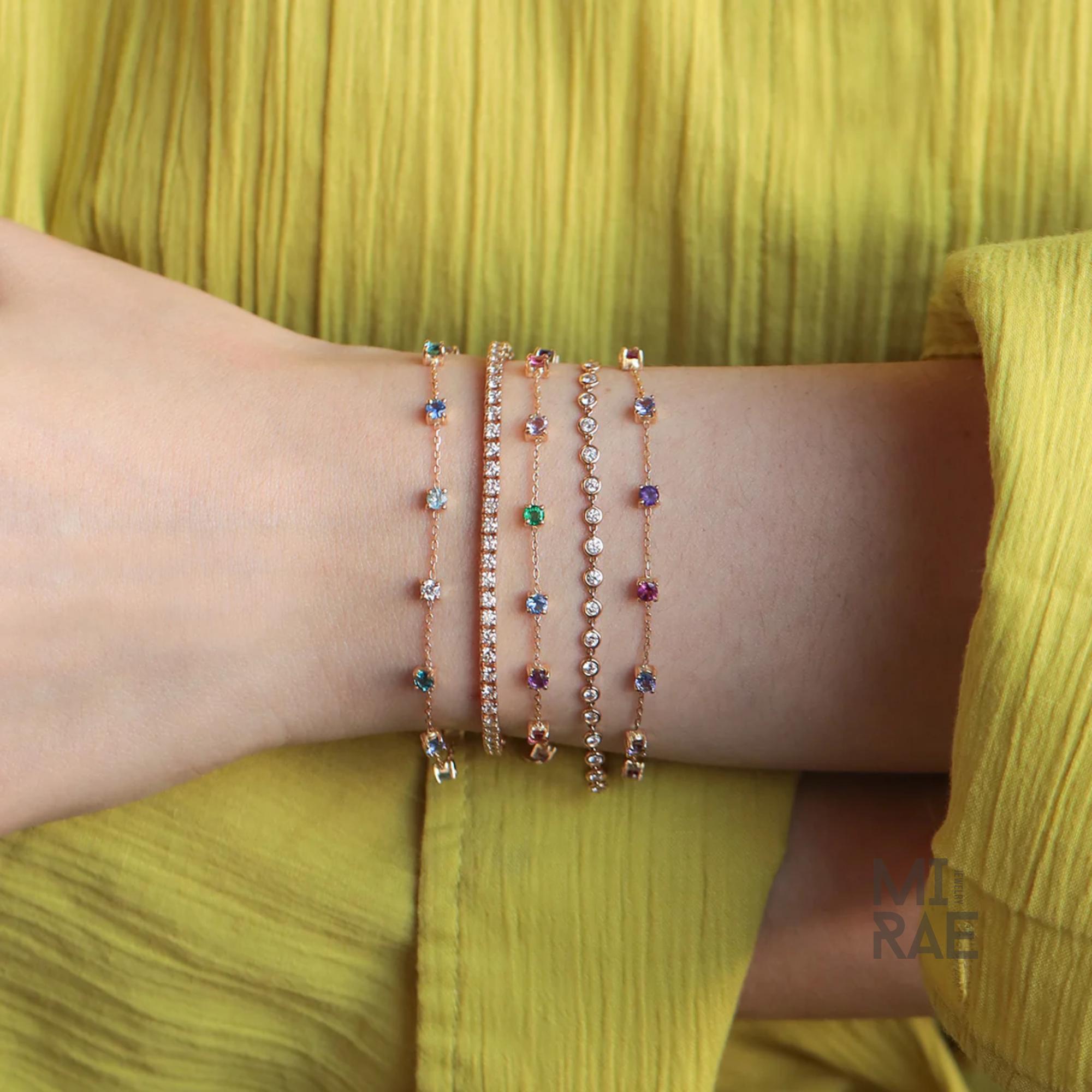 Colorful Rainbow Gemstone Chain Link Bracelet | Multi Color Natural Stone Bracelet | 14K Gold Adjustable Bracelet