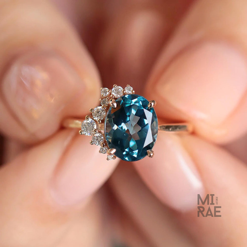 Natural London Blue Topaz & Diamond Ring | Serene Blue Gemstone Statement Ring | Elegant Halo Engagement Ring