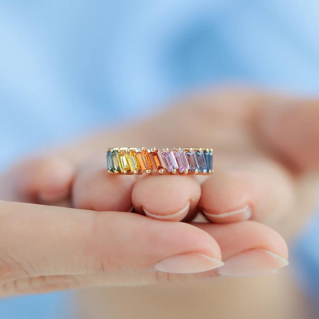 Rainbow Natural Sapphire Ring | Prismatic 14K Yellow Gold Multicolor Gemstone Ring | Bold Gradient Statement Jewelry