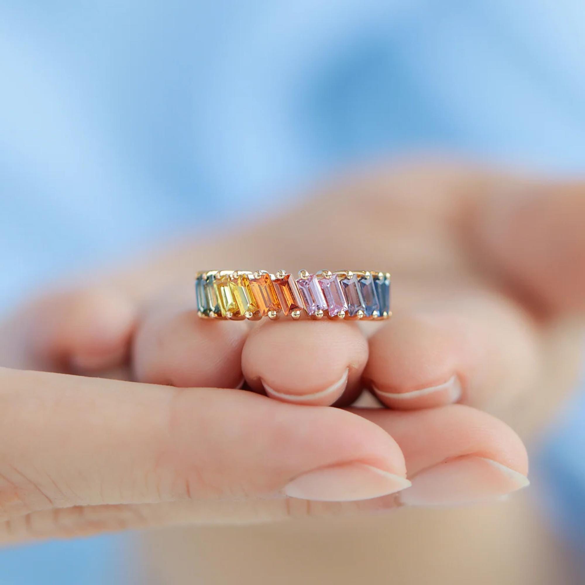 Rainbow Natural Sapphire Ring | Prismatic 14K Yellow Gold Multicolor Gemstone Ring | Bold Gradient Statement Jewelry