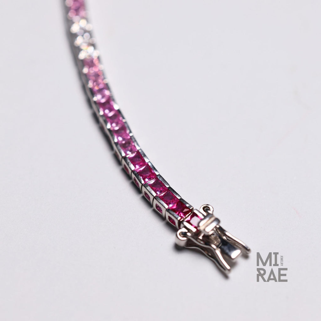 Shades of Pink Sapphire Square Tennis Bracelet, Anniversary Gift for Wife, Sterling Silver Jewelry, Dainty CZ Bracelet, Wedding Jewelry