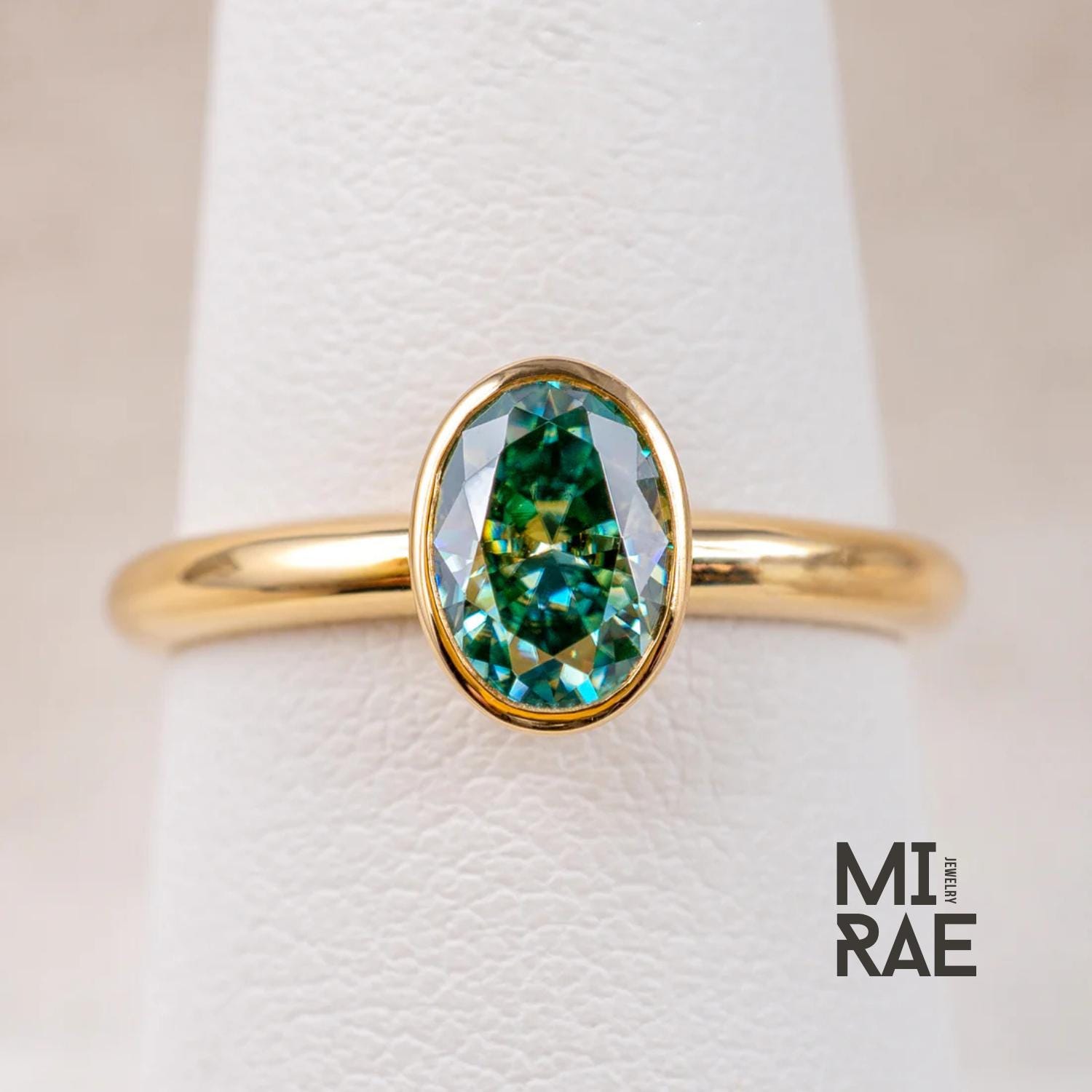 Teal Green Moissanite Ring Oval Cut 14K Yellow Gold Bezel Ring