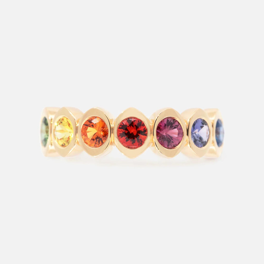 14K Yellow Gold Rainbow Natural Sapphire Multi Color Ring | Prismatic Colorful Gemstone Band | Modern Gradient Statement Ring