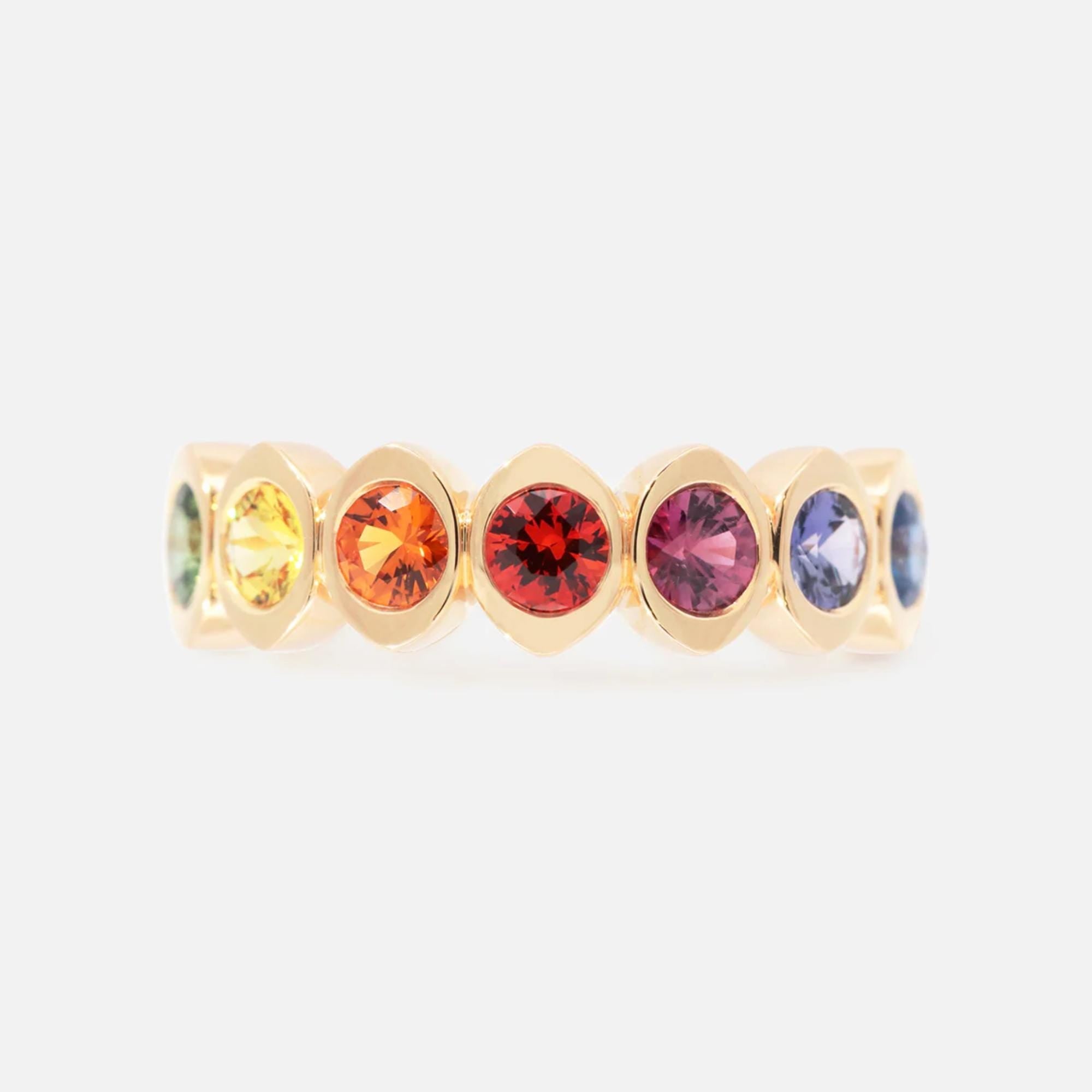 14K Yellow Gold Rainbow Natural Sapphire Multi Color Ring | Prismatic Colorful Gemstone Band | Modern Gradient Statement Ring
