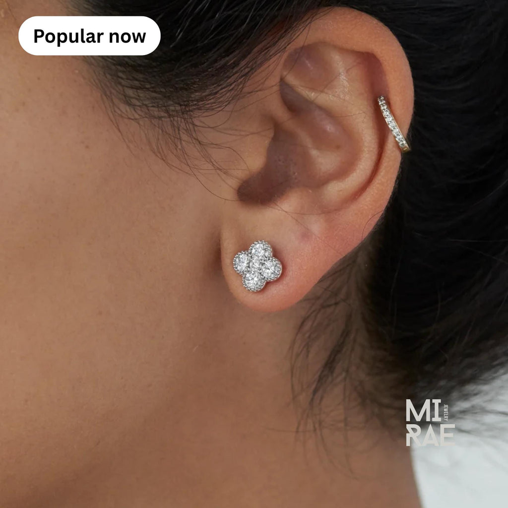 14K Gold Diamond Clover Stud Earrings: Dainty Floral Design