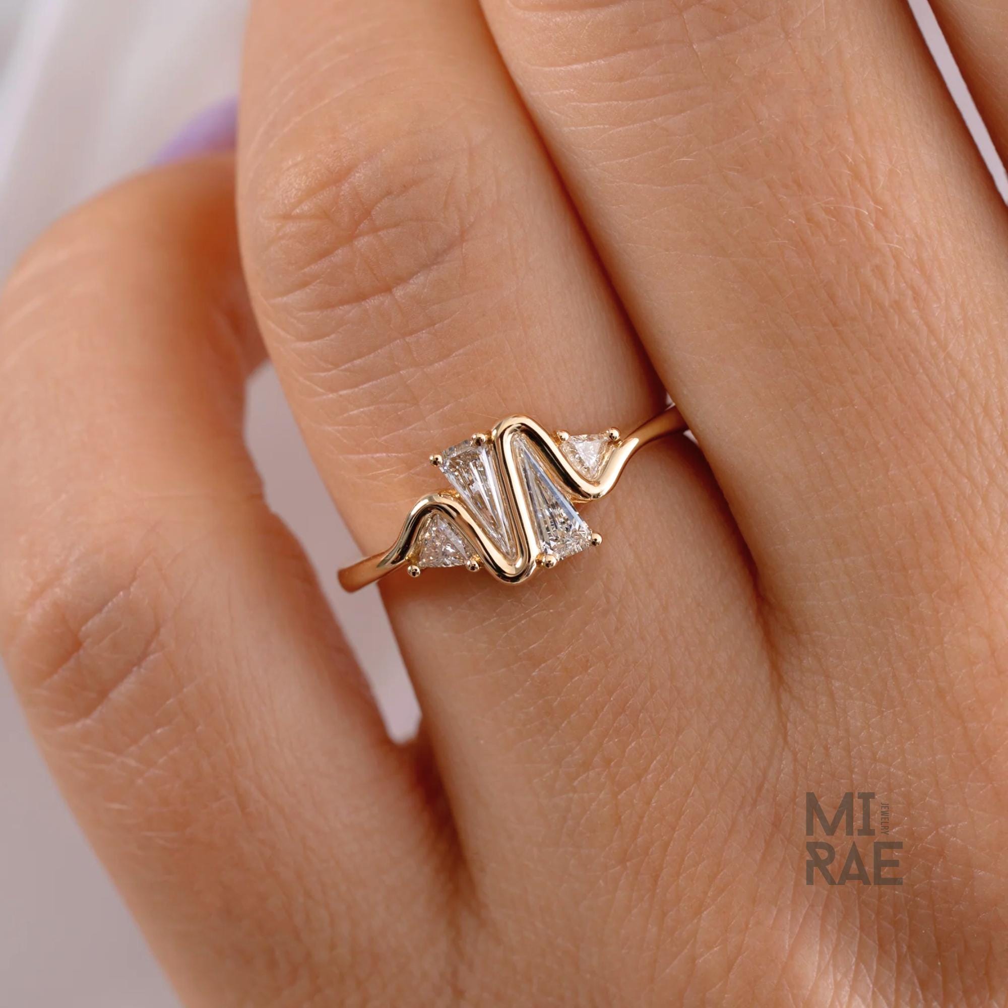 18K Gold Heartbeat Ring: Kite & Trillion Lab Diamonds, Geometric Wave Design