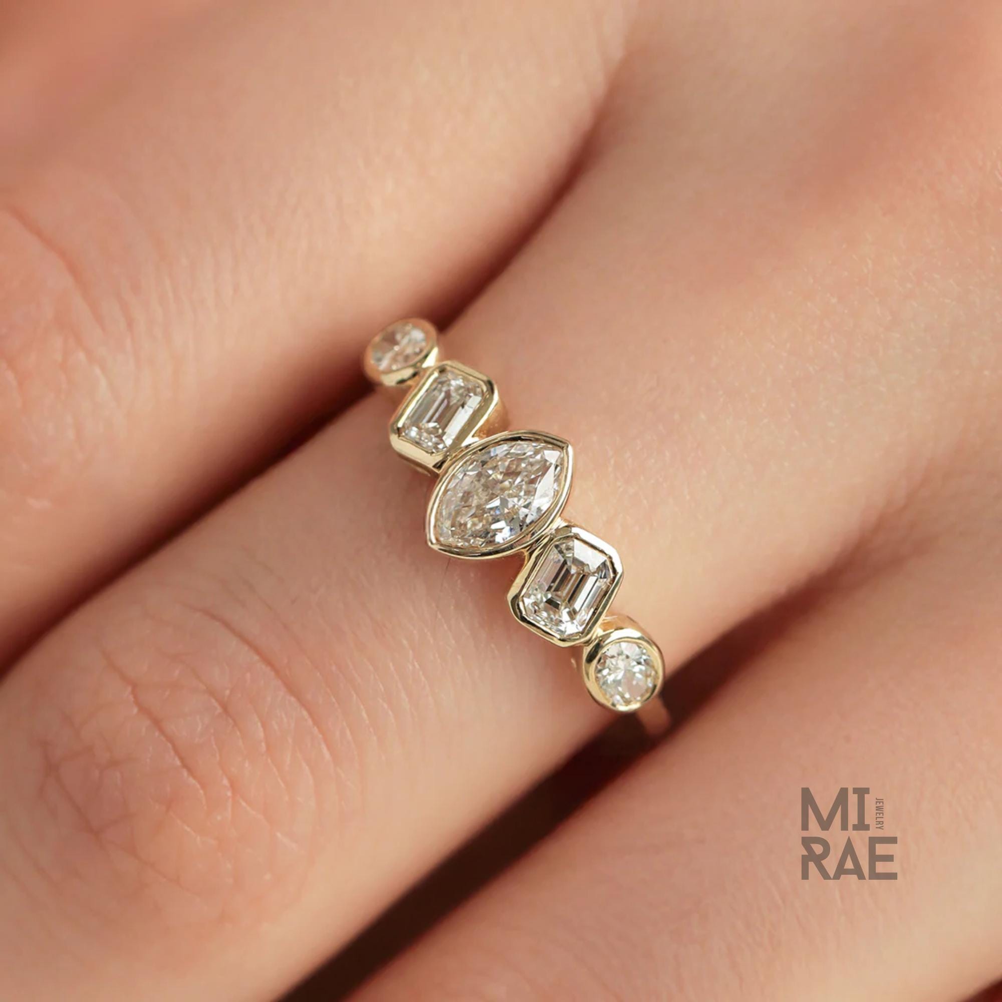 Marquise Oval Emerald Diamond Band | Multi Shape Lab Diamond Ring | Bezel Set Half Eternity Wedding Band