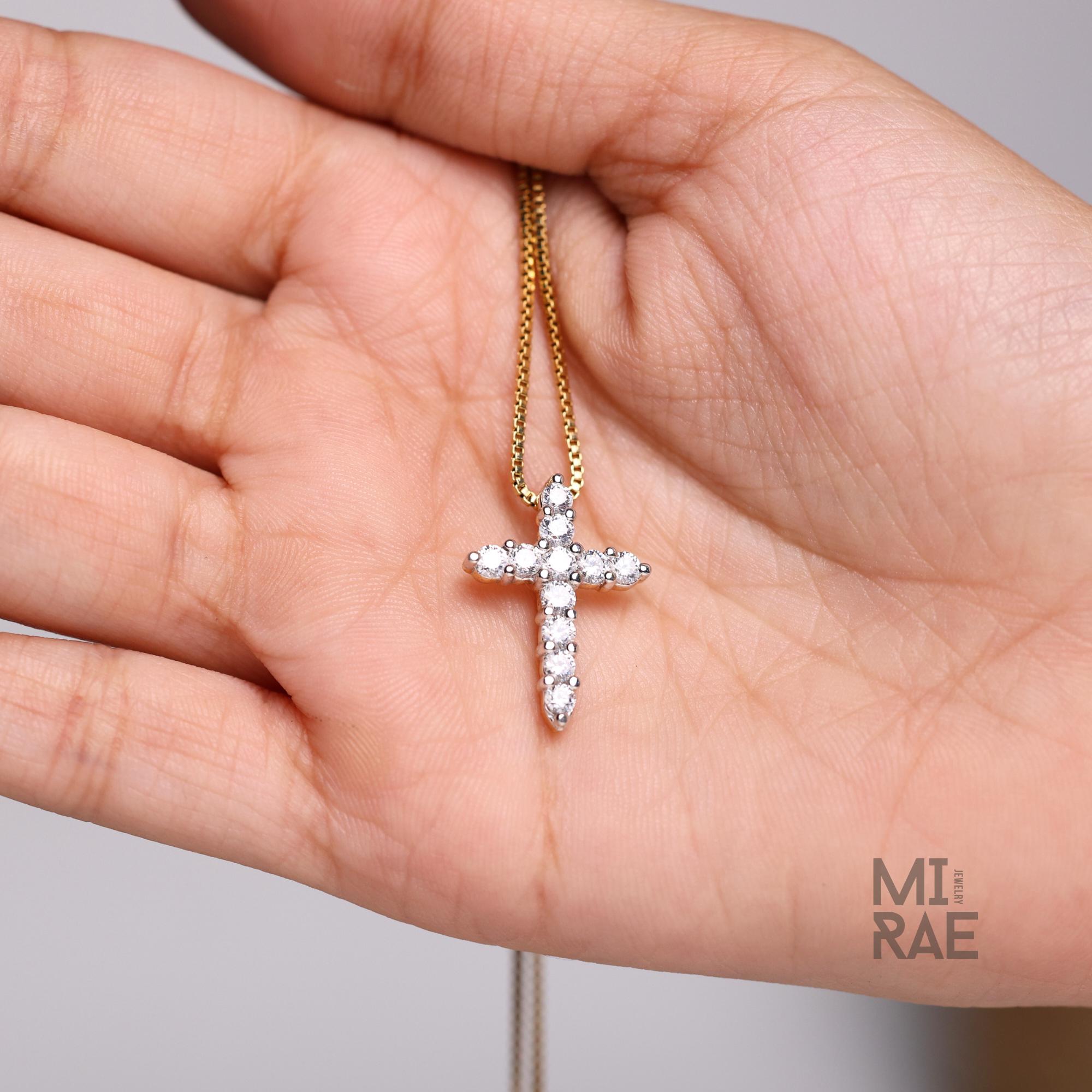 Lab Grown Diamond Cross Pendant: 14k Gold Religious Necklace