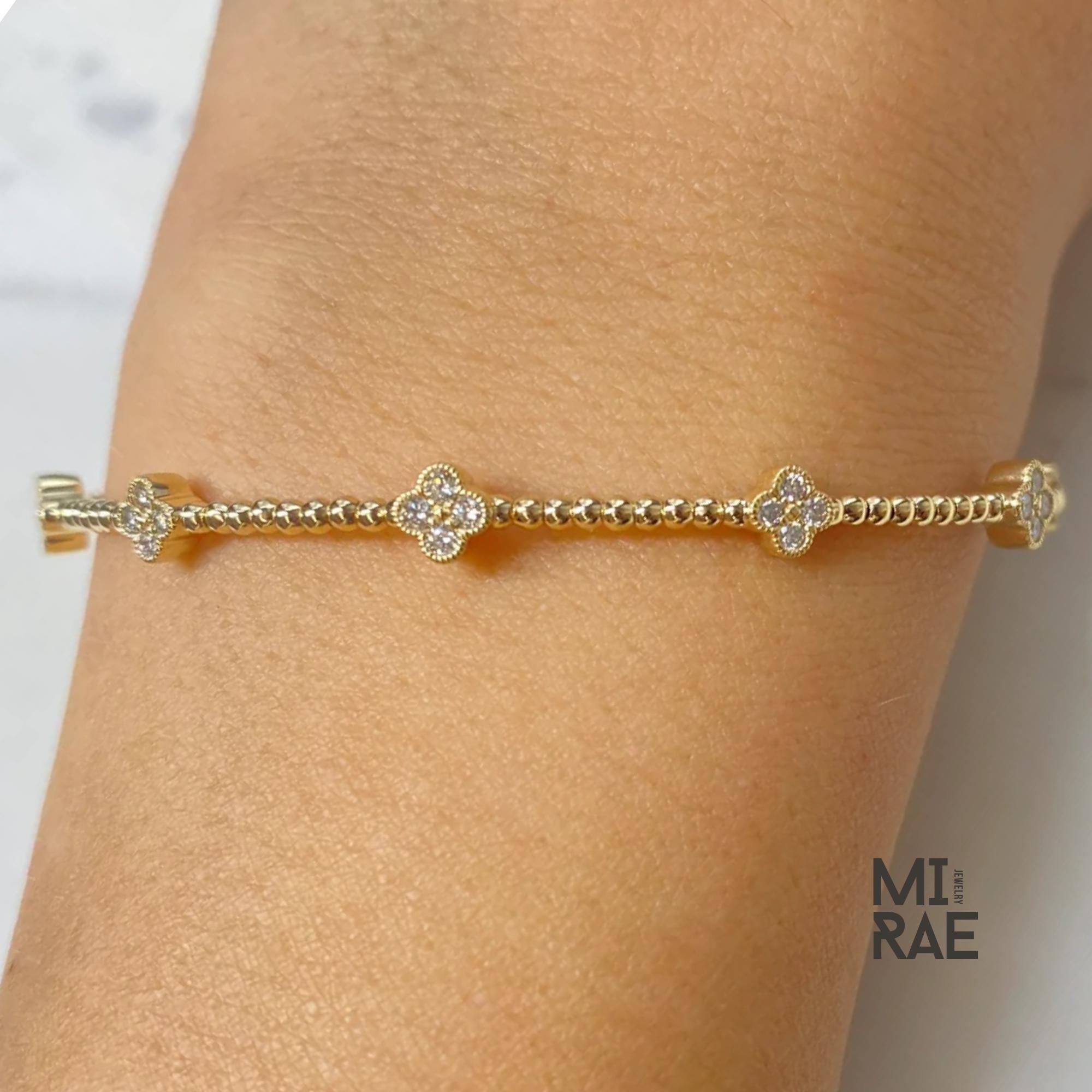 1TCW Lab Grown Diamond Clover Bracelet: 14k Gold Beaded Bangle