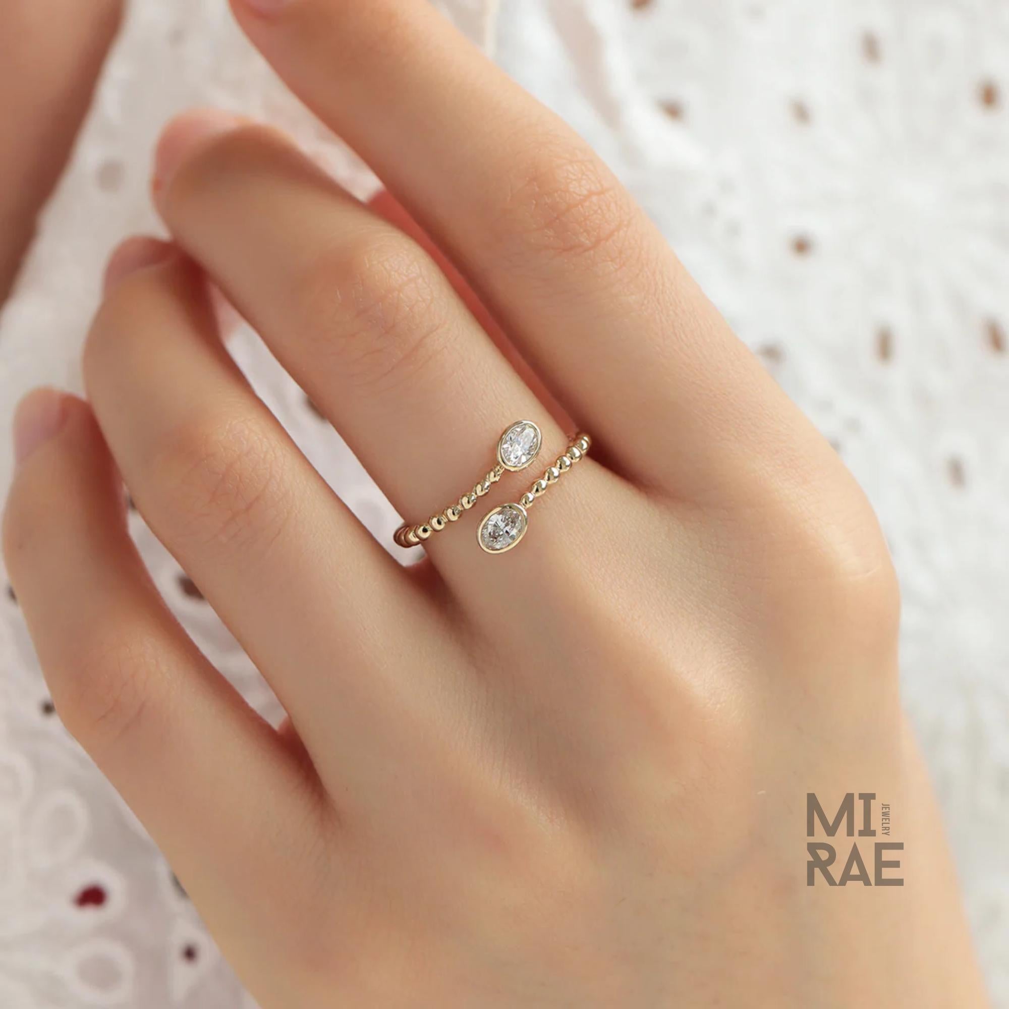 Oval Cut Lab Grown Diamond Engagement Ring in Open Gap Bypass Setting, Two Stone Band Ring, 14K Gold Wedding Ring, Finger Wrap Ring