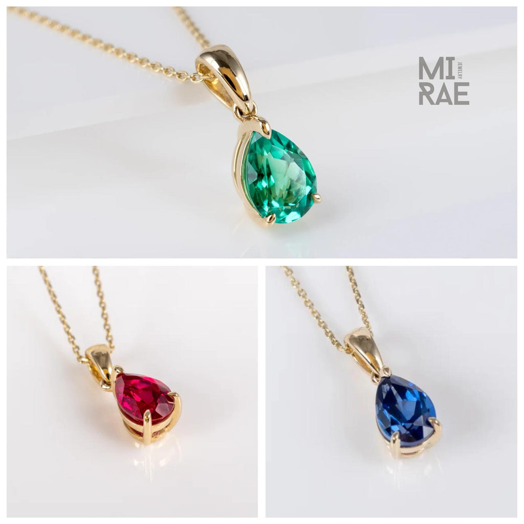 10K Gold Pear Cut Birthstone Pendant: Sapphire, Ruby, Emerald