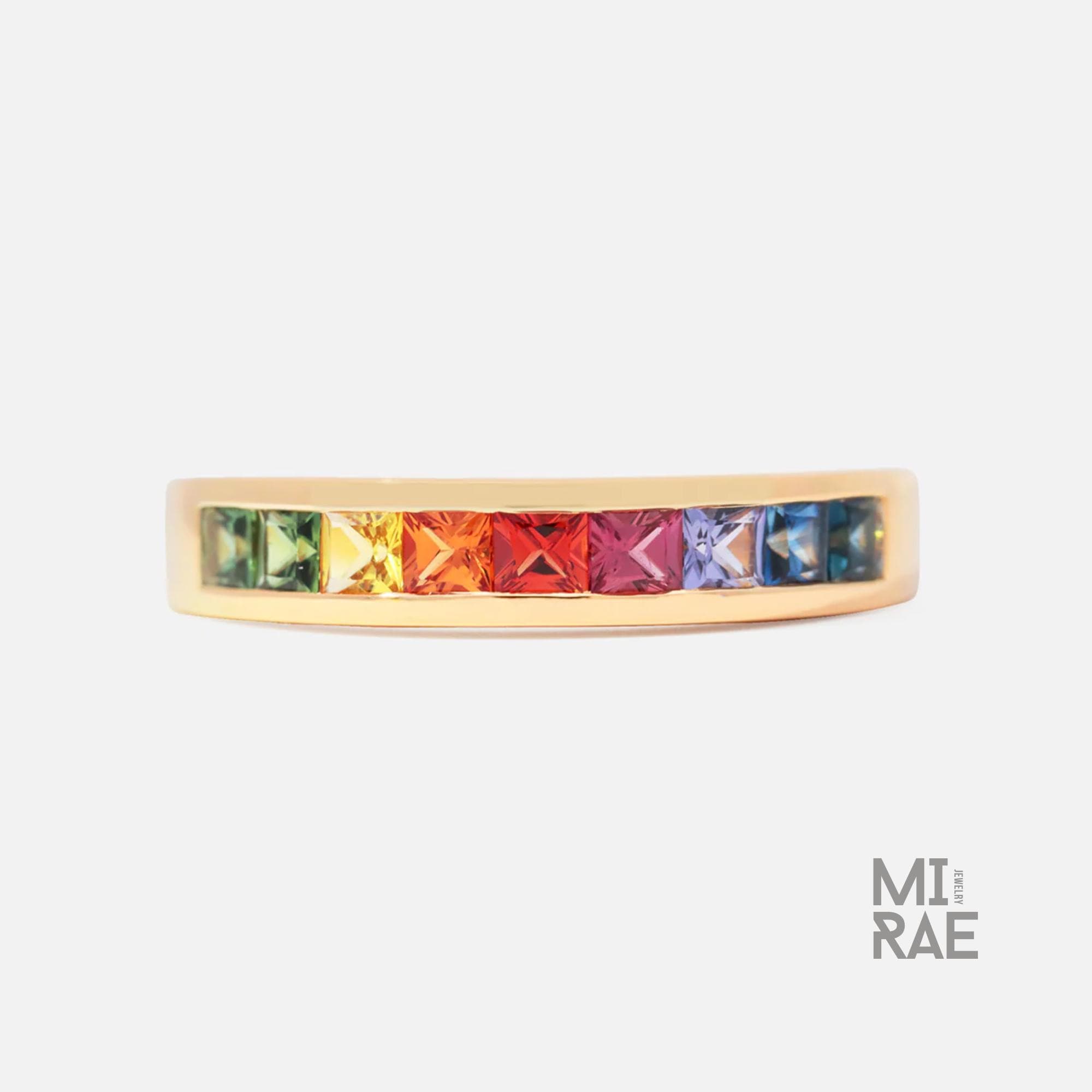 14K Yellow Gold Princess Cut Sapphire Band | Multi Color Gemstone Ring | Rainbow Gold Stacking Ring