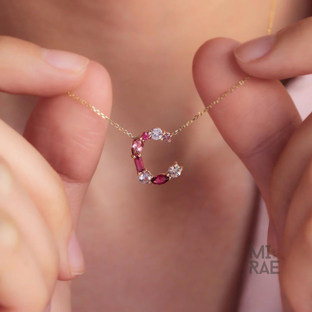 Personalized Initial Pendant Necklace | Multi Natural Gemstone Letter Necklace | Handmade Birthstone Jewelry