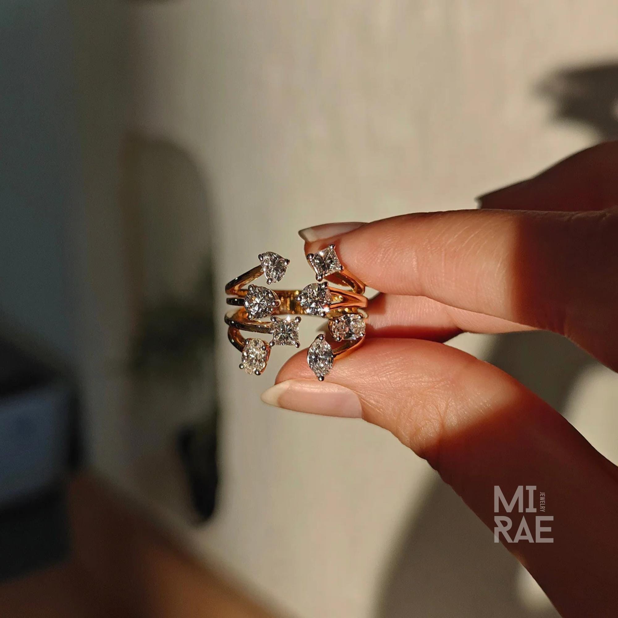 14k Yellow Gold Moissanite Ring: Multi Shape Solaris Design, 2.25 Carat