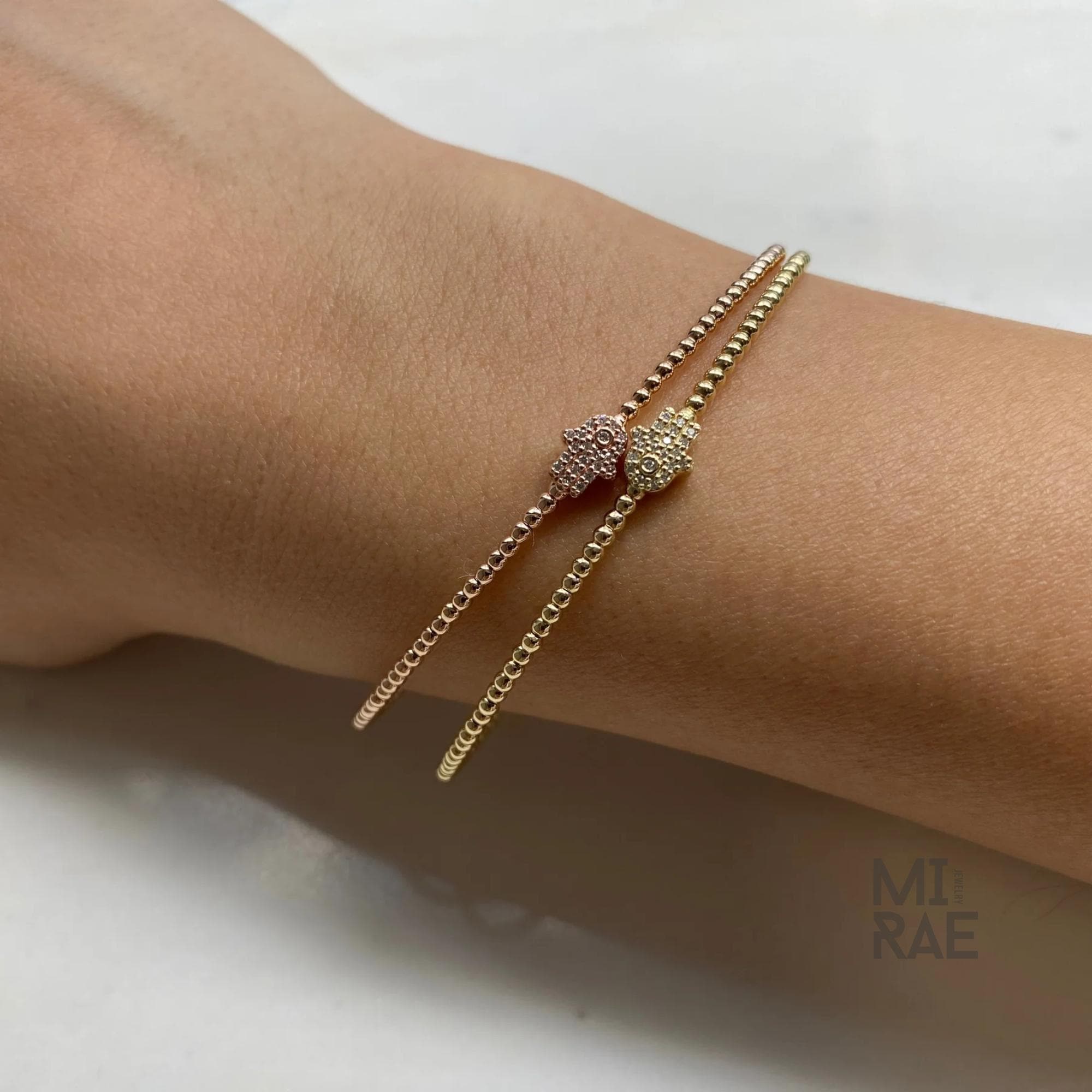 Diamond Hamsa Hand Bracelet in 14k Rose Gold, Hamsa Bracelet, Diamond Bangle, Stackable Bangle, Premium Yellow White, Flexible Bangle Gift