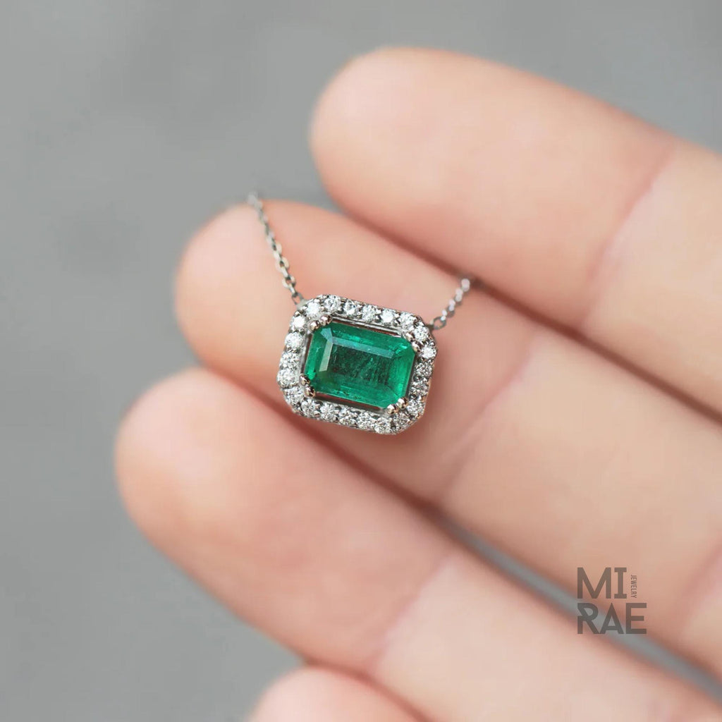 1 CT Natural Emerald Gemstone with Diamond Halo Pendant Necklace