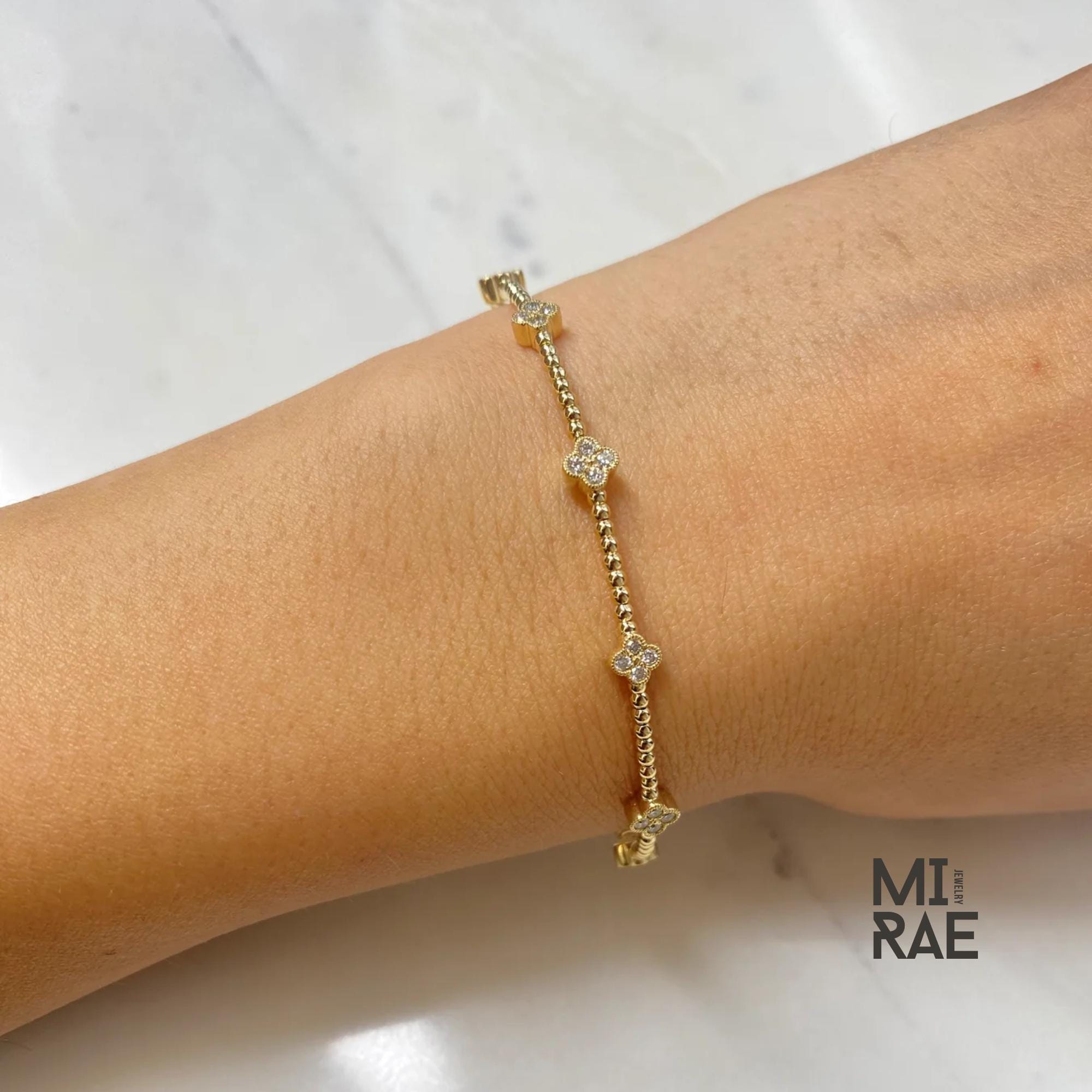 1TCW Lab Grown Diamond Clover Bracelet: 14k Gold Beaded Bangle