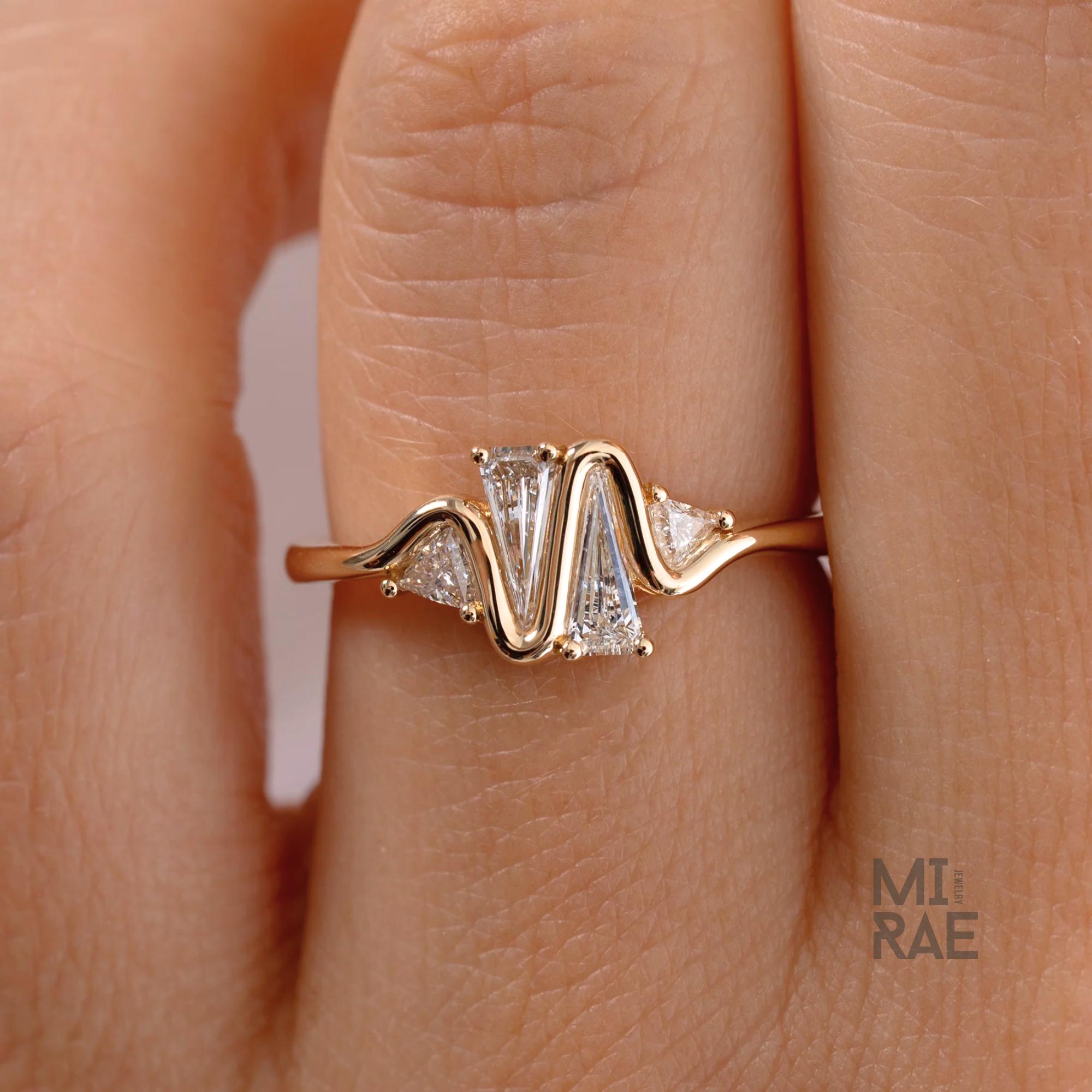 18K Gold Heartbeat Ring: Kite & Trillion Lab Diamonds, Geometric Wave Design