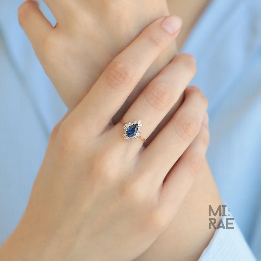 Sapphire & Diamond Drop Ring | Blue Ceylon Sapphire Halo Ring | Elegant Statement Ring