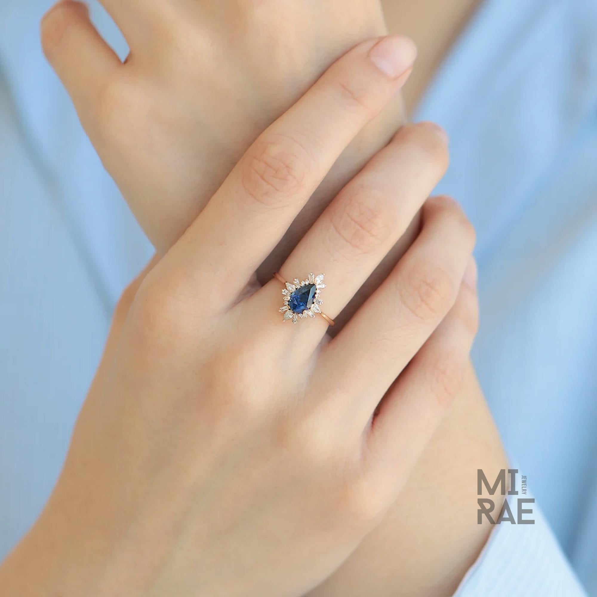 Sapphire & Diamond Drop Ring | Blue Ceylon Sapphire Halo Ring | Elegant Statement Ring