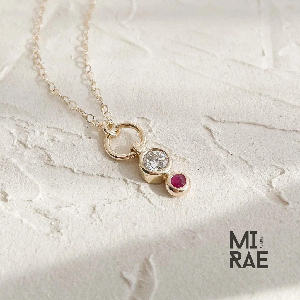 Dainty 14K Gold Diamond & Ruby Pendant Necklace: Minimalist Bezel Charm
