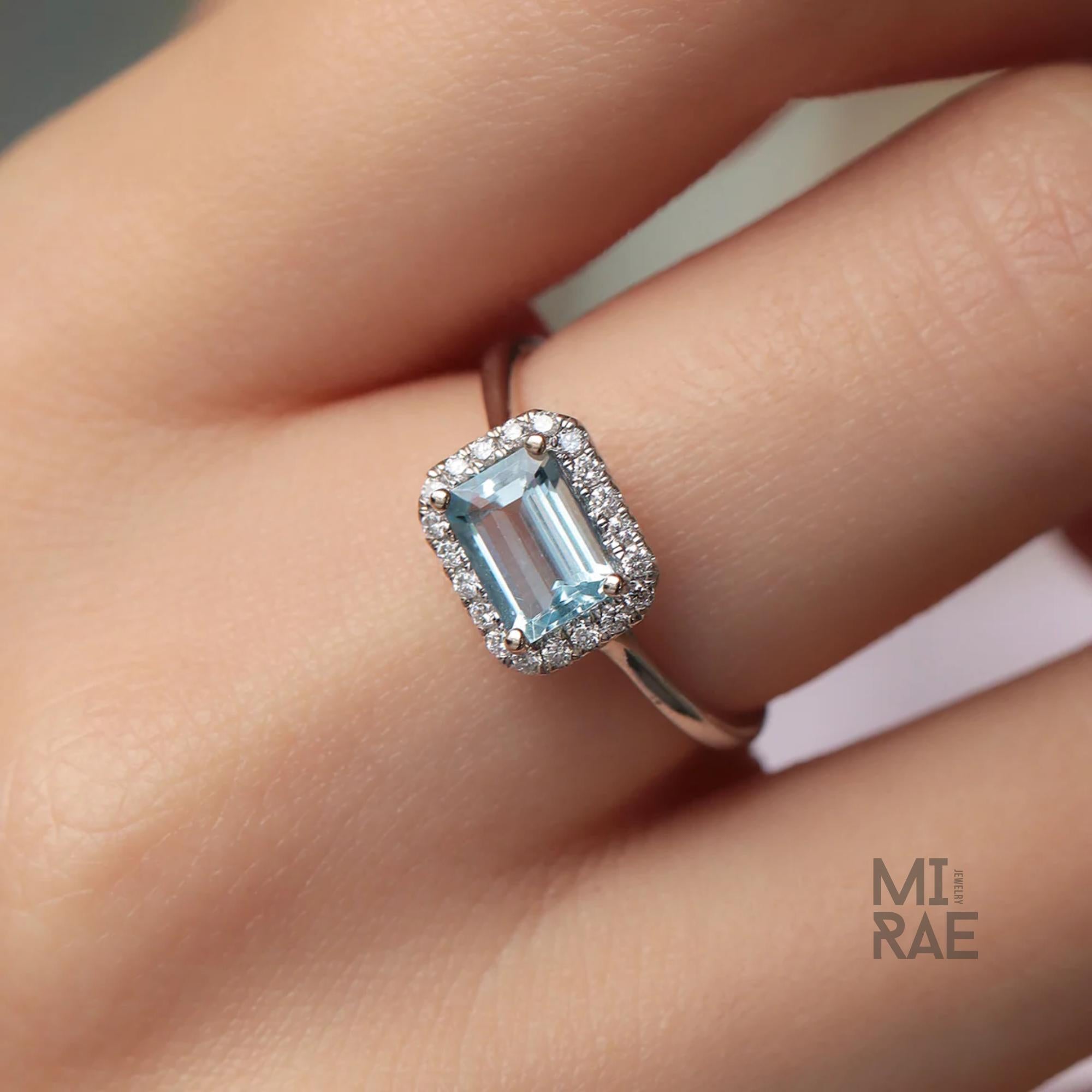 Royal East West Aquamarine Ring | Emerald Cut Halo Diamond Ring | 14K Gold Statement Ring