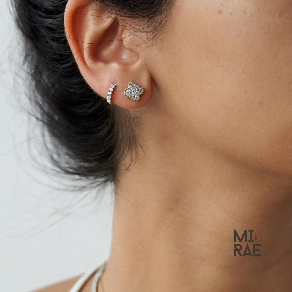 14K Gold Diamond Clover Stud Earrings: Dainty Floral Design