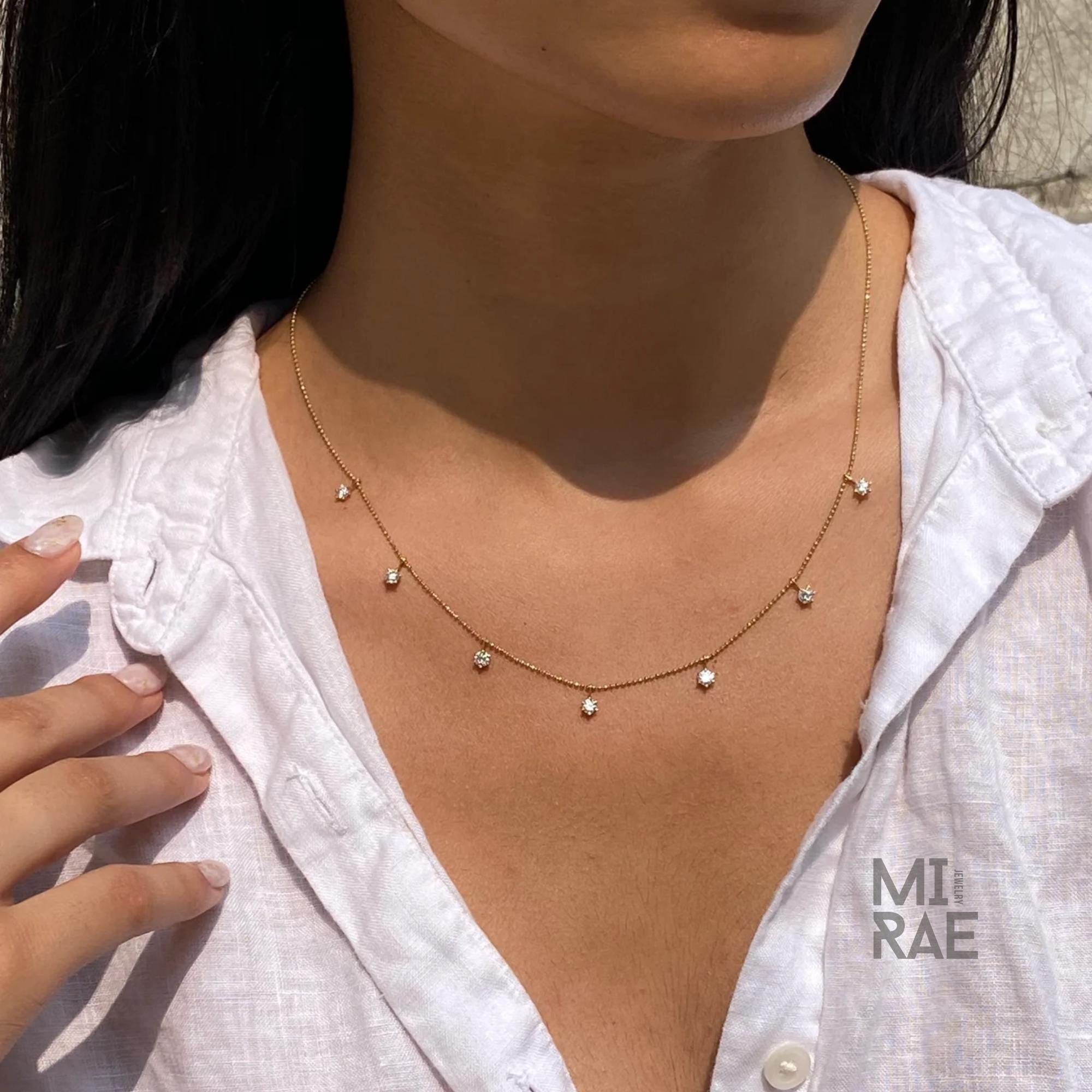 1 Carat Dainty Diamond Station Necklace 14K Rose Gold