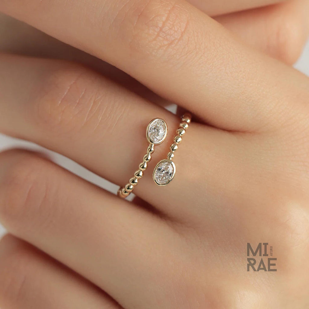 Oval Cut Lab Grown Diamond Engagement Ring in Open Gap Bypass Setting, Two Stone Band Ring, 14K Gold Wedding Ring, Finger Wrap Ring