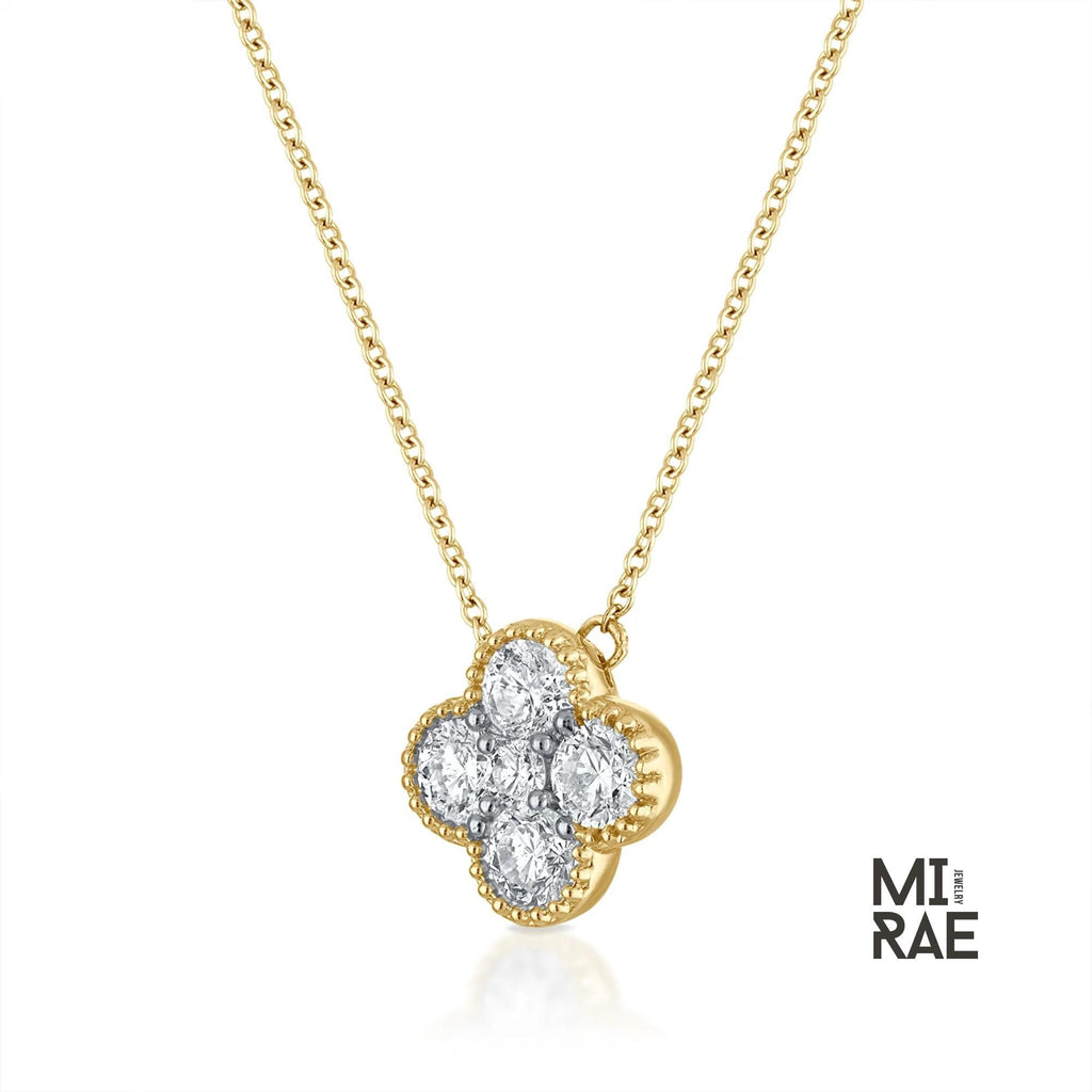 14K Solid Gold Diamond Clover Necklace: Dainty Floral Pendant