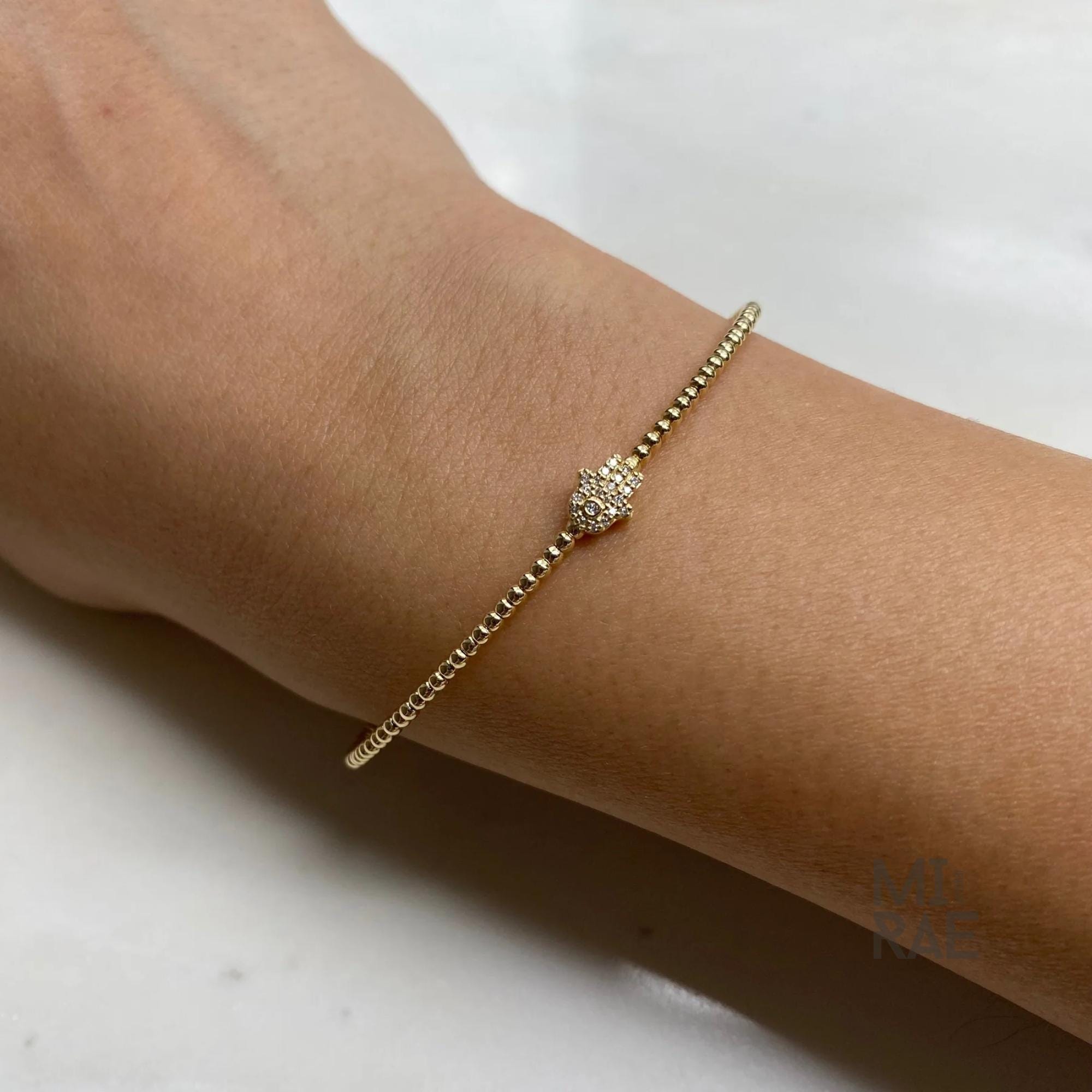 Diamond Hamsa Hand Bracelet in 14k Rose Gold, Hamsa Bracelet, Diamond Bangle, Stackable Bangle, Premium Yellow White, Flexible Bangle Gift