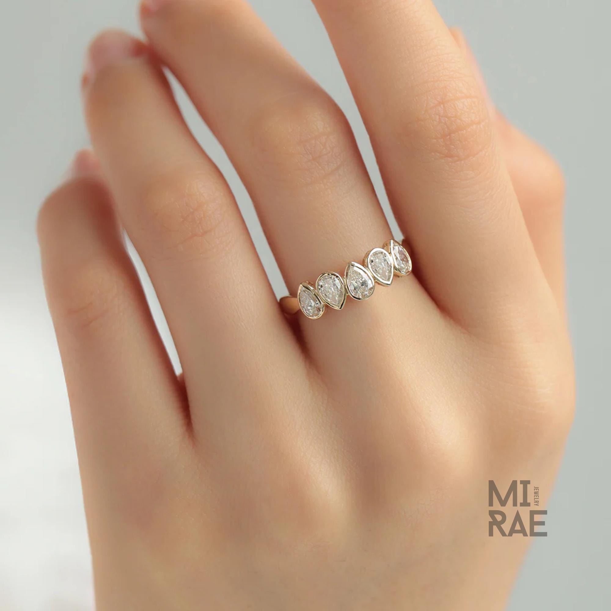 Pear Cut Diamond Drops Ring | Teardrop Half Eternity Band | Minimalist Lab Diamond Wedding Ring