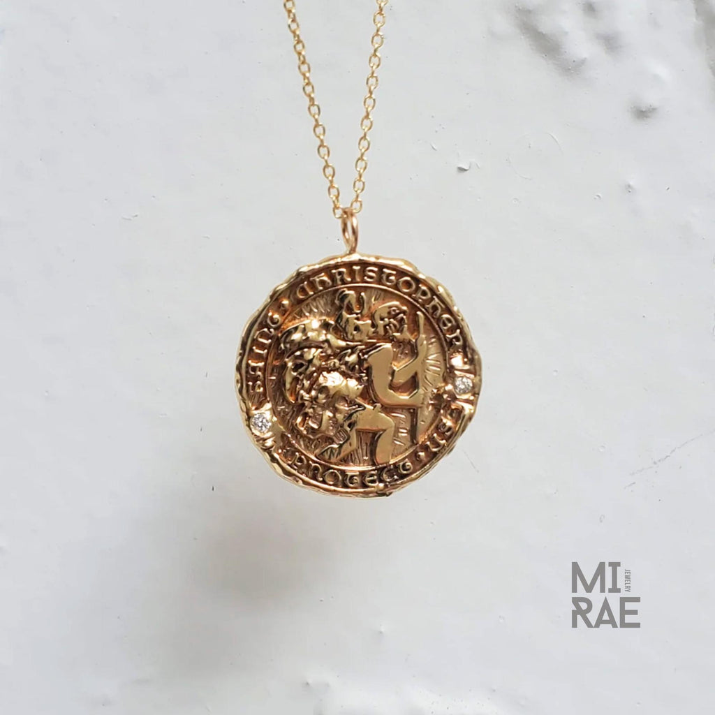 St. Christopher Miraculous Medallion | Patron Saint of Travel | Diamond Accent Gold Pendant