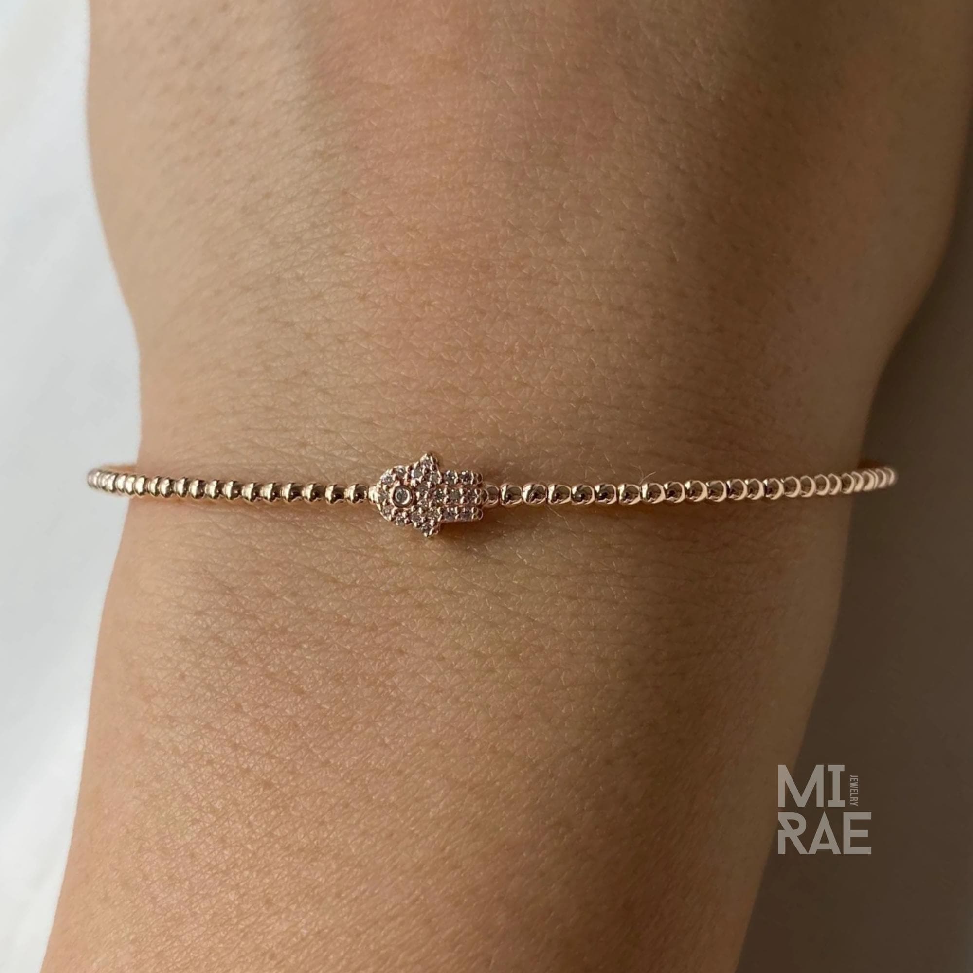 Diamond Hamsa Hand Bracelet in 14k Rose Gold, Hamsa Bracelet, Diamond Bangle, Stackable Bangle, Premium Yellow White, Flexible Bangle Gift