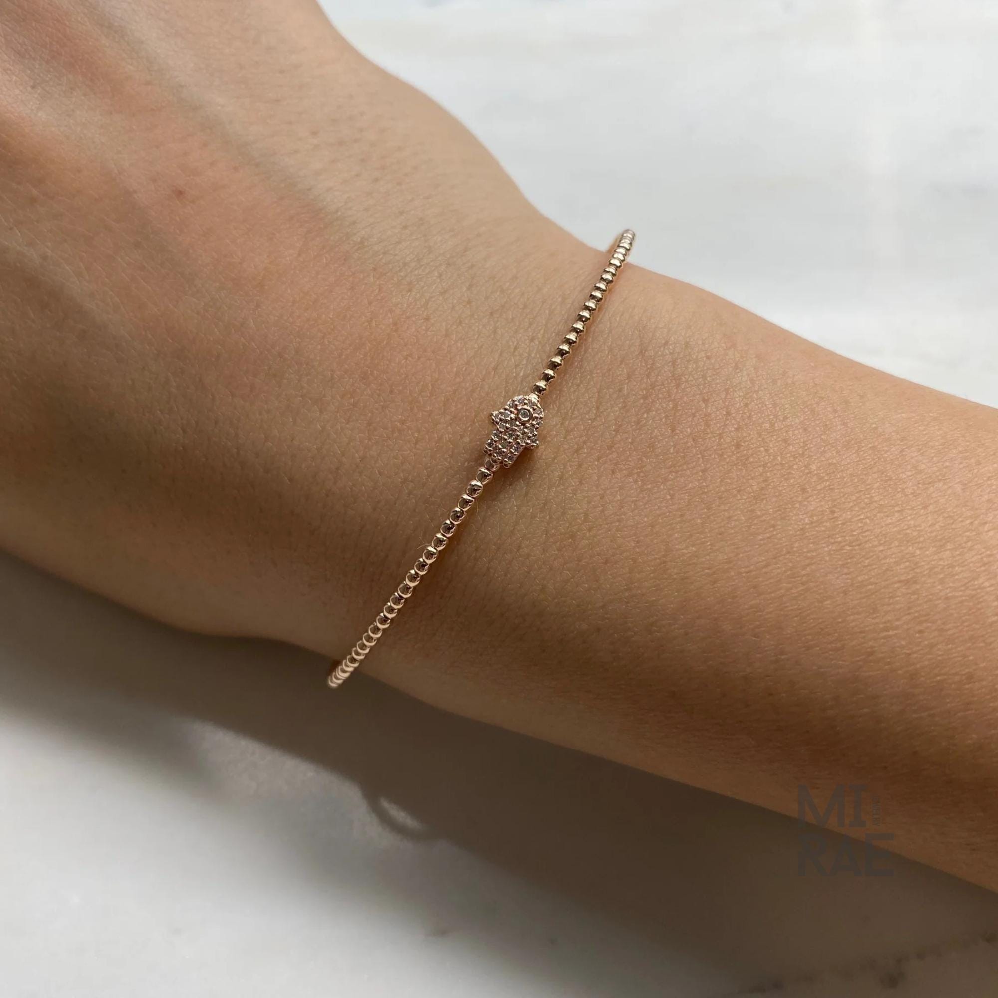 Diamond Hamsa Hand Bracelet in 14k Rose Gold, Hamsa Bracelet, Diamond Bangle, Stackable Bangle, Premium Yellow White, Flexible Bangle Gift