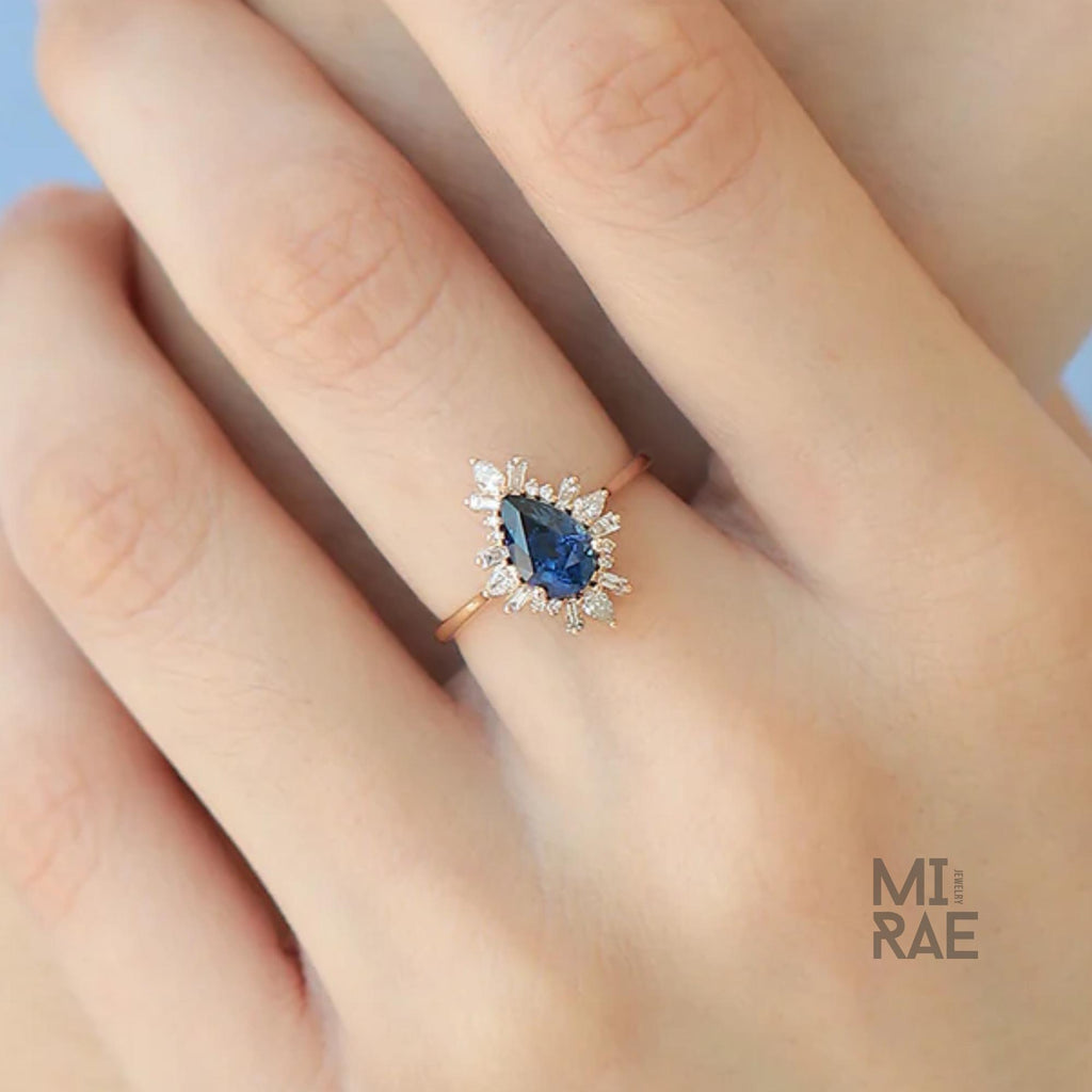 Sapphire & Diamond Drop Ring | Blue Ceylon Sapphire Halo Ring | Elegant Statement Ring