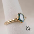 Teal Green Moissanite Ring Oval Cut 14K Yellow Gold Bezel Ring