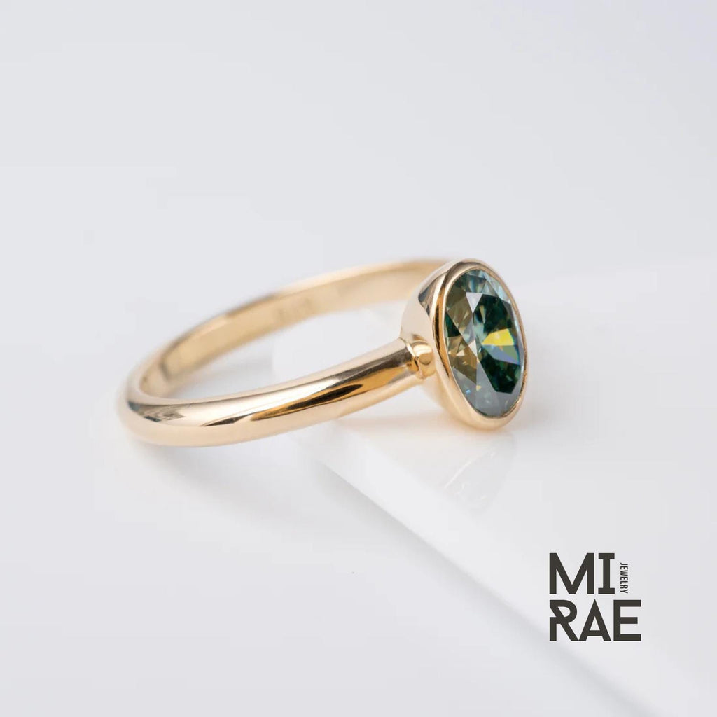 Teal Green Moissanite Ring Oval Cut 14K Yellow Gold Bezel Ring