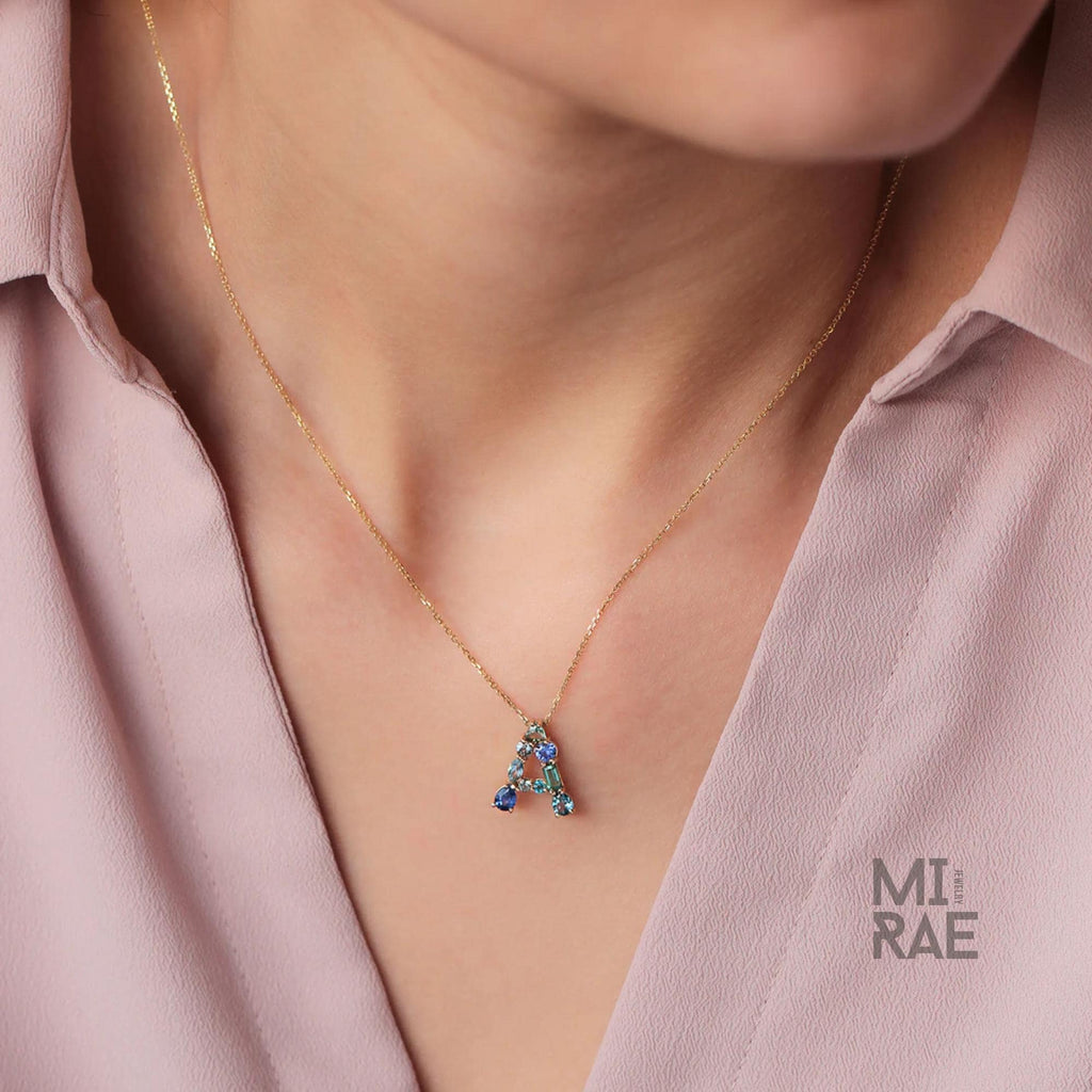Personalized Initial Pendant Necklace | Multi Natural Gemstone Letter Necklace | Handmade Birthstone Jewelry