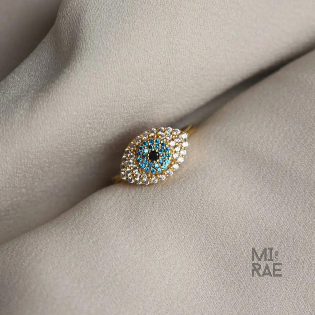14k Gold Diamond Evil Eye Ring: Blue Sapphire Good Luck Charm