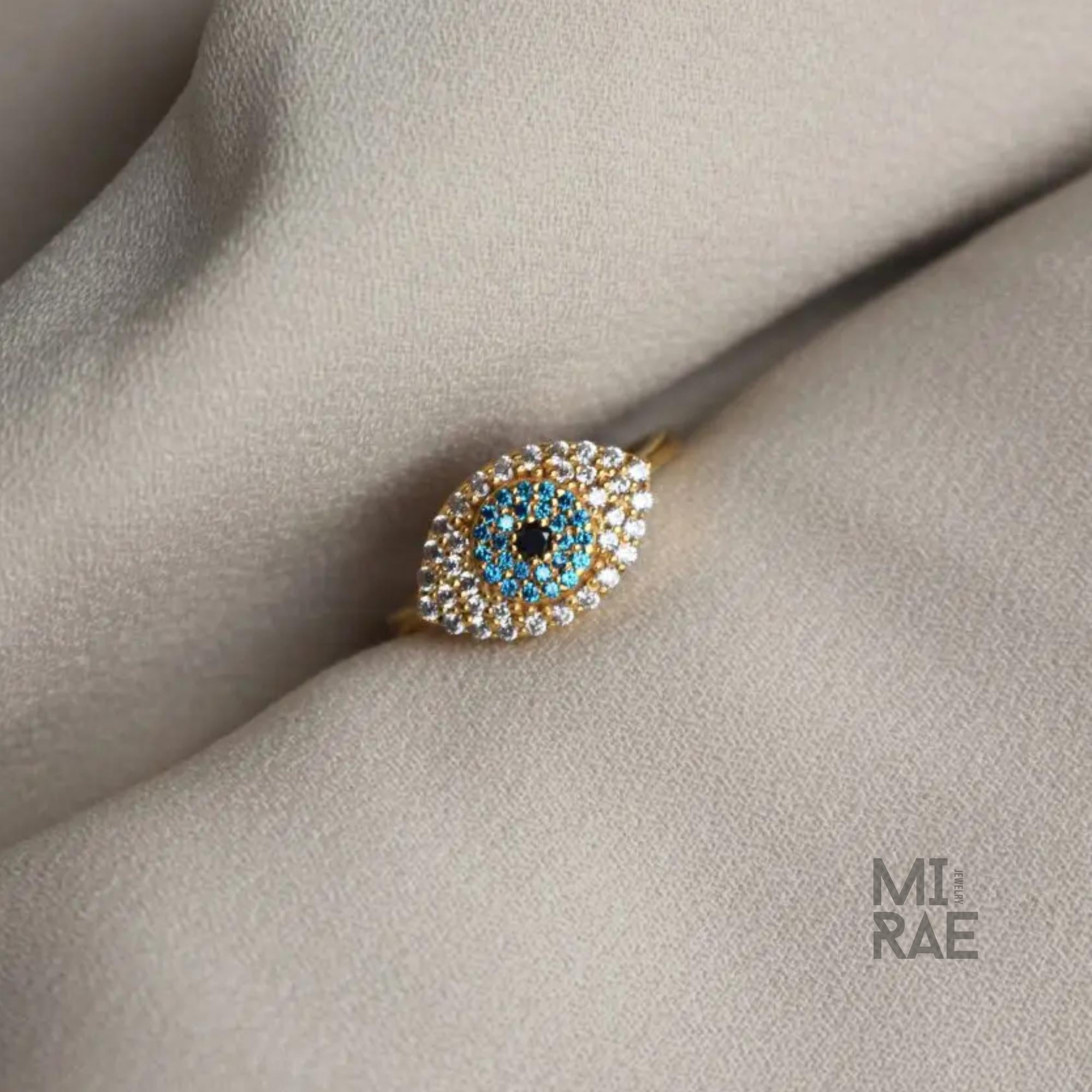 14k Gold Diamond Evil Eye Blue Sapphire Good Luck Charm Ring