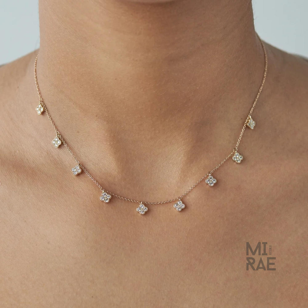 14K Gold Diamond Clover Necklace: Dainty Floral Pendant