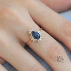 Sapphire & Diamond Drop Ring | Blue Ceylon Sapphire Halo Ring | Elegant Statement Ring