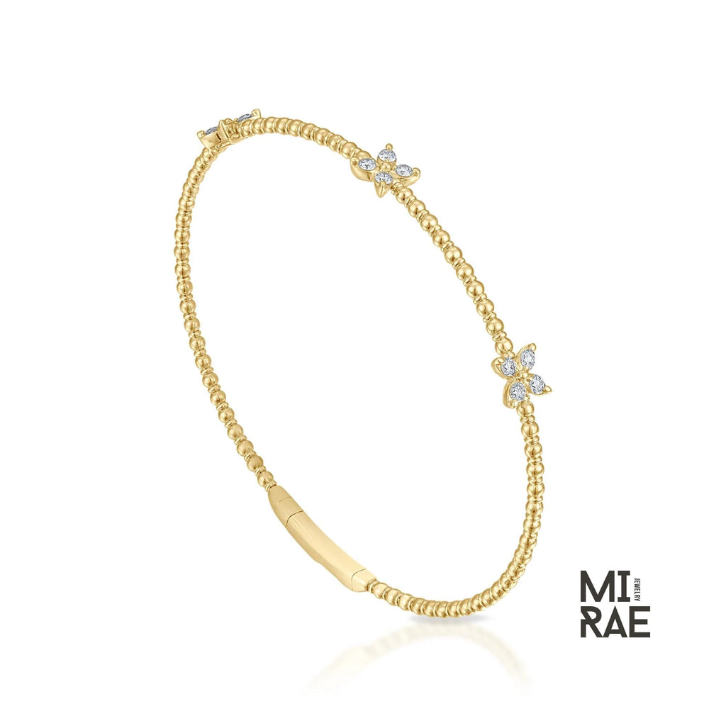 Beaded Diamond Butterfly Bracelet, Stackable Flower Bangle Bracelet, Premium 14K Solid Gold, Yellow White Rose, Flexible Diamond Bangle Gift