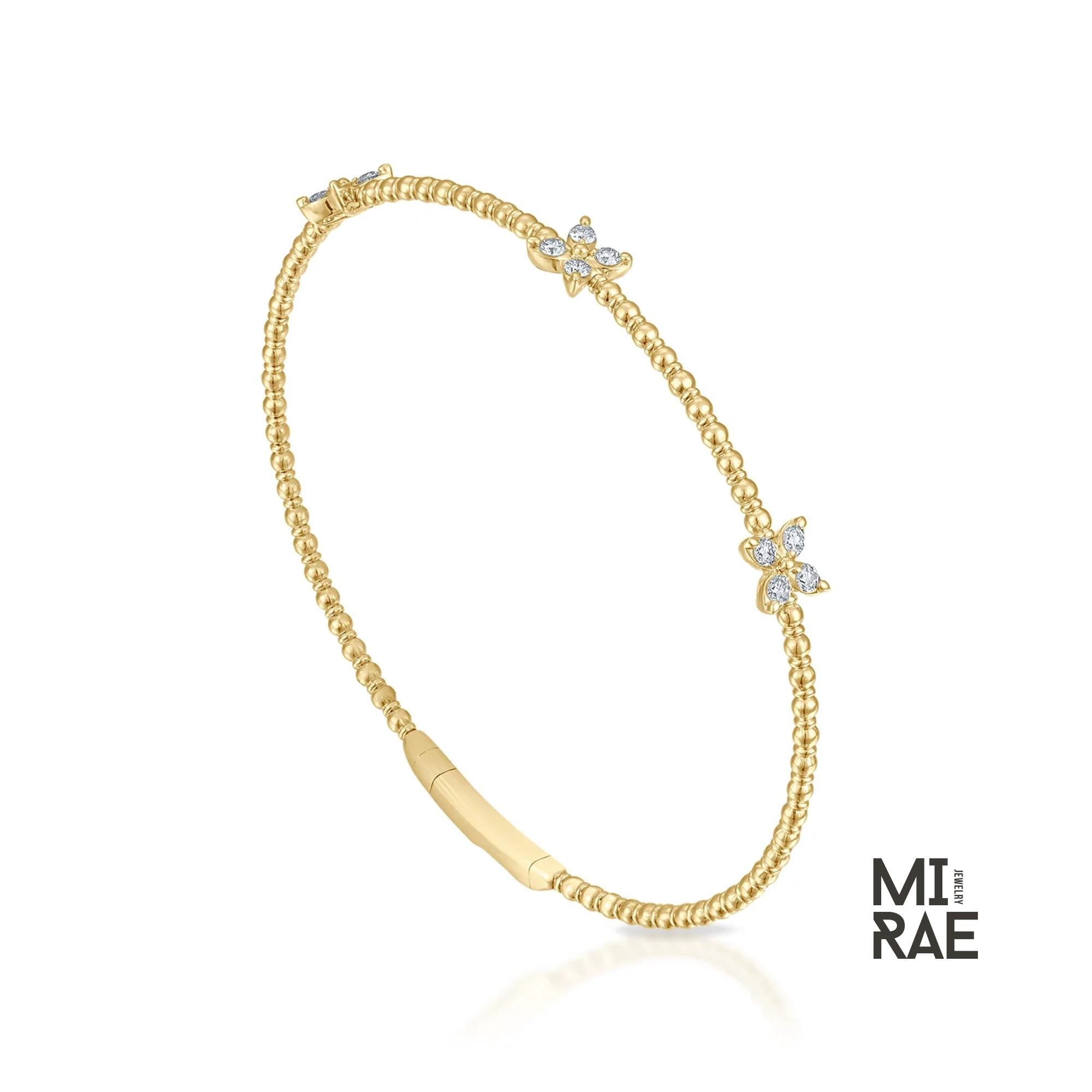 Beaded Diamond Butterfly Bracelet, Stackable Flower Bangle Bracelet, Premium 14K Solid Gold, Yellow White Rose, Flexible Diamond Bangle Gift