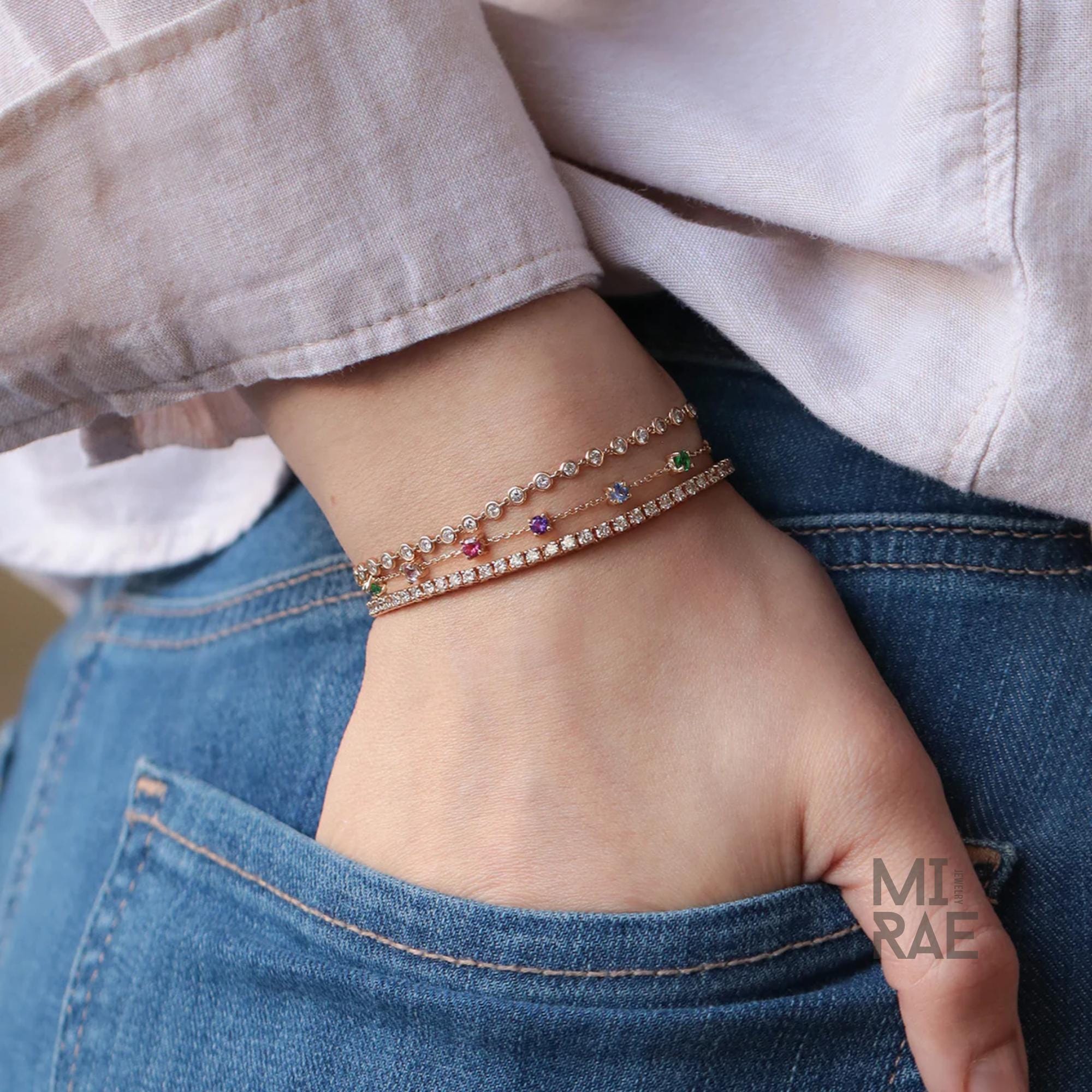 Colorful Rainbow Gemstone Chain Link Bracelet | Multi Color Natural Stone Bracelet | 14K Gold Adjustable Bracelet