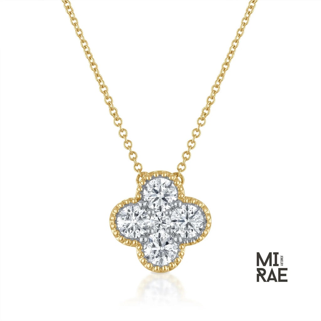 14K Solid Gold Diamond Clover Necklace: Dainty Floral Pendant