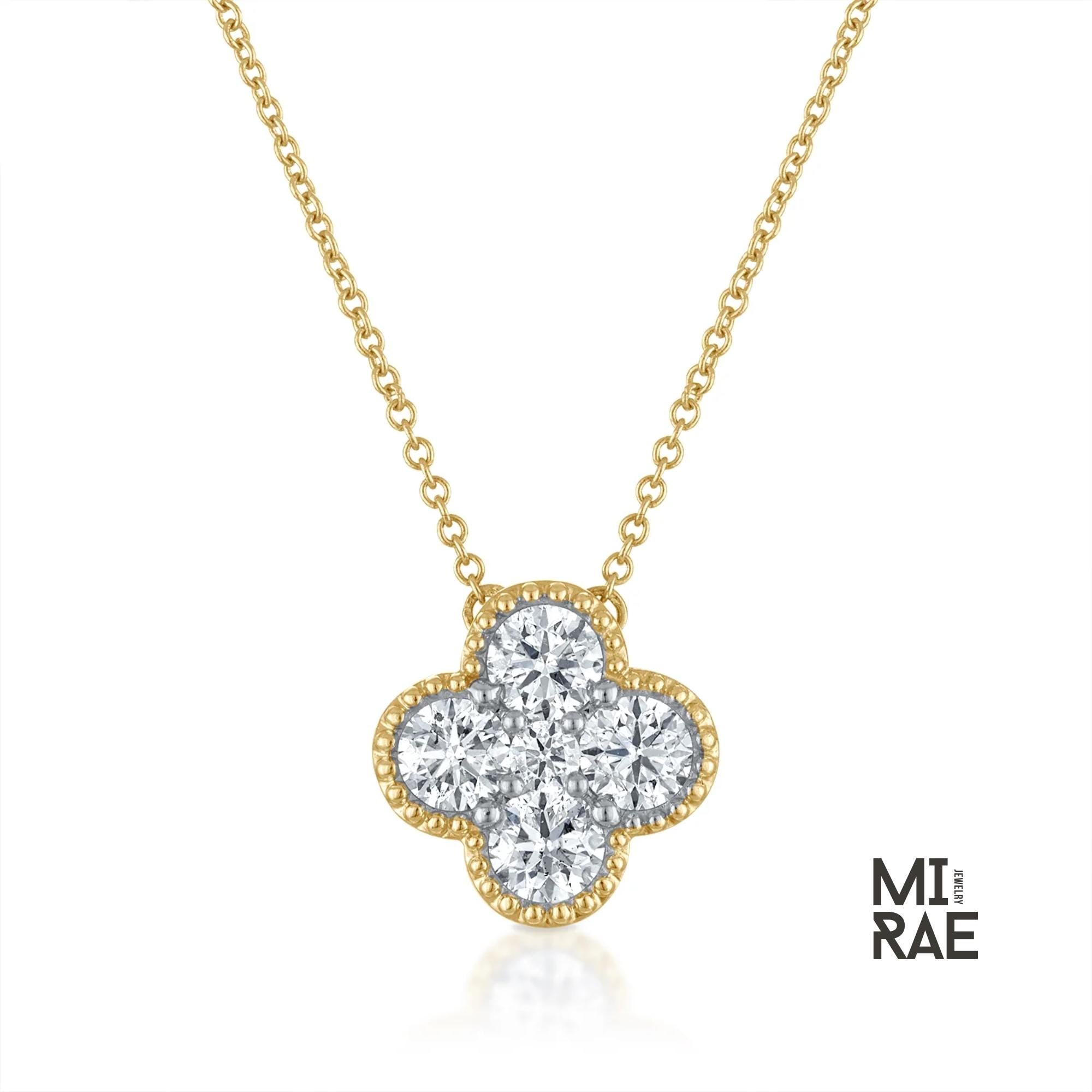 14K Solid Gold Diamond Clover Necklace: Dainty Floral Pendant