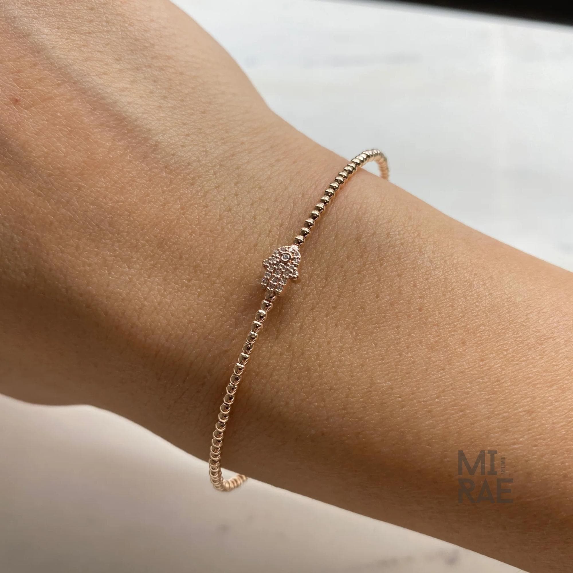 Diamond Hamsa Hand Bracelet in 14k Rose Gold, Hamsa Bracelet, Diamond Bangle, Stackable Bangle, Premium Yellow White, Flexible Bangle Gift